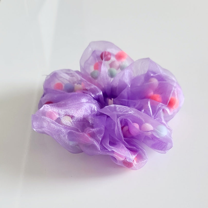 Pom Pom Filled Scrunchie - Purple