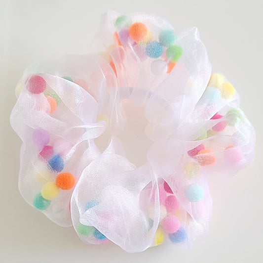 Pom Pom Filled Scrunchie - White