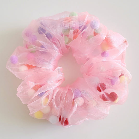 Pom Pom Filled Scrunchie - Pink