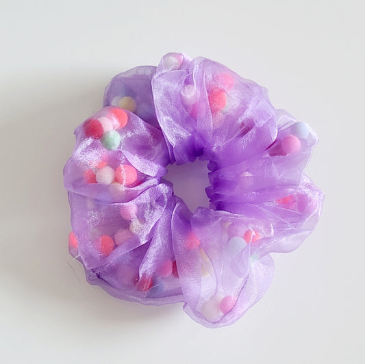 Pom Pom Filled Scrunchie - Purple