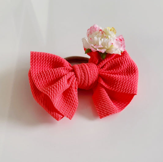 Big Bow Headband With Flower - Coral