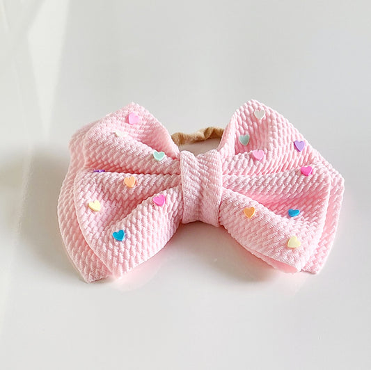 Big Bow Headband With Hearts - Pink