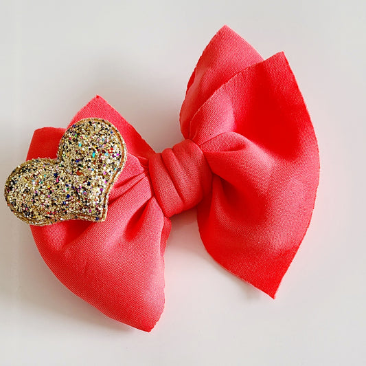 Big Bow Headband With Heart - Coral
